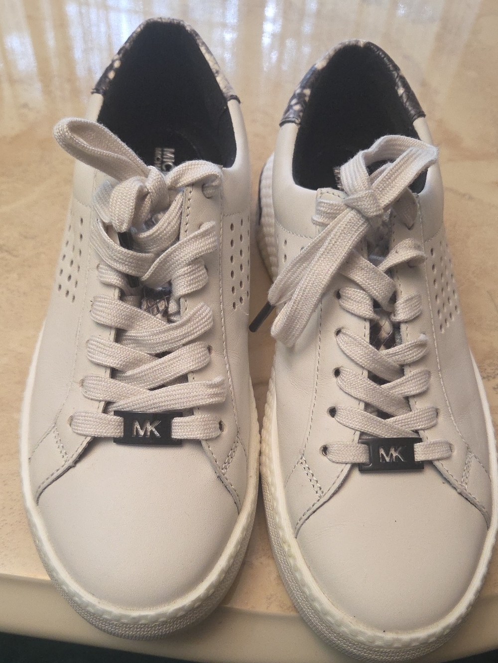 Michael Kors "Codie"White Leather MK Lace-Up Sneakers with Patterned Heel Accent